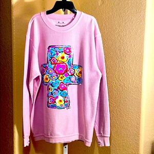 SALE.$25.PinkCrewneck,Soft SweaterW/ Vibrant Cross Design&long sleeveW/Thumbhole